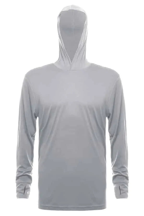 SpectraUSA UPF 50 performance long sleeve hoodie with metal front zipper, designed for sun protection and active wear.