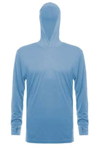 Light blue SpectraUSA UPF 50 performance long sleeve hoody with front view, designed for sun protection and active wear.