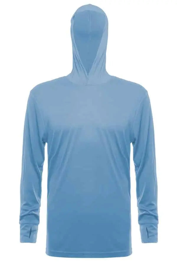 Light blue SpectraUSA UPF 50 performance long sleeve hoody with front view, designed for sun protection and active wear.