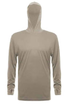 SpectraUSA UPF 50 performance long sleeve hooded shirt in warm grey, designed for sun protection and active wear.