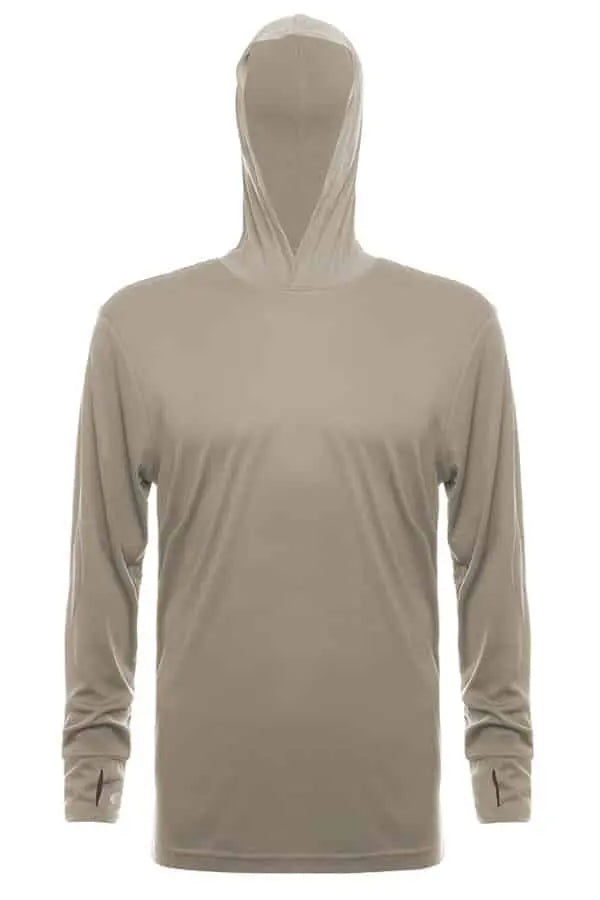 SpectraUSA UPF 50 performance long sleeve hooded shirt in warm grey, designed for sun protection and active wear.