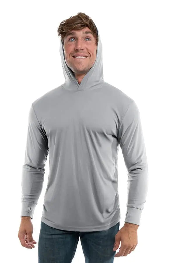 SpectraUSA UPF 50 performance long sleeve hoody with a metallic front design, model wears in a front view.