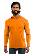 SpectraUSA UPF 50 Performance long sleeve hoody in orange with front view, lightweight fabric, and sporty design.