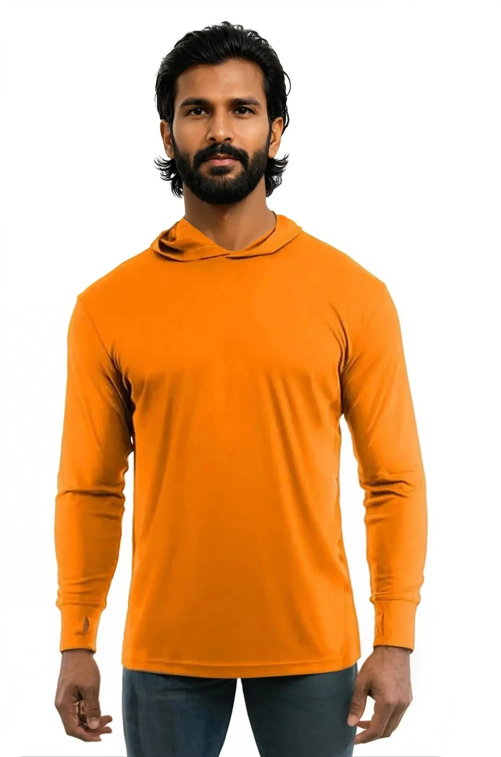 SpectraUSA UPF 50 Performance long sleeve hoody in orange with front view, lightweight fabric, and sporty design.