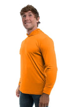 SpectraUSA UPF 50 performance long sleeve hoody in orange, shown from the side, designed for sun protection and active wear.