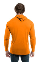 SpectraUSA UPF 50 performance long sleeve hoody in orange, shown from the back, designed for sun protection and active wear.