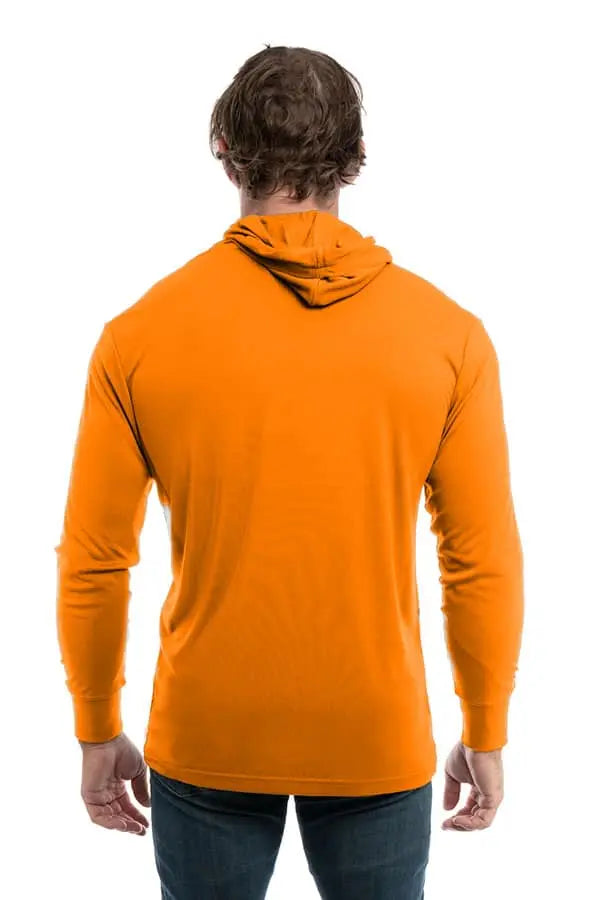 SpectraUSA UPF 50 performance long sleeve hoody in orange, shown from the back, designed for sun protection and active wear.