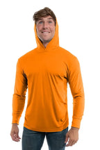 SpectraUSA UPF 50 performance long sleeve hoody in orange, front view, designed for sun protection and active wear.