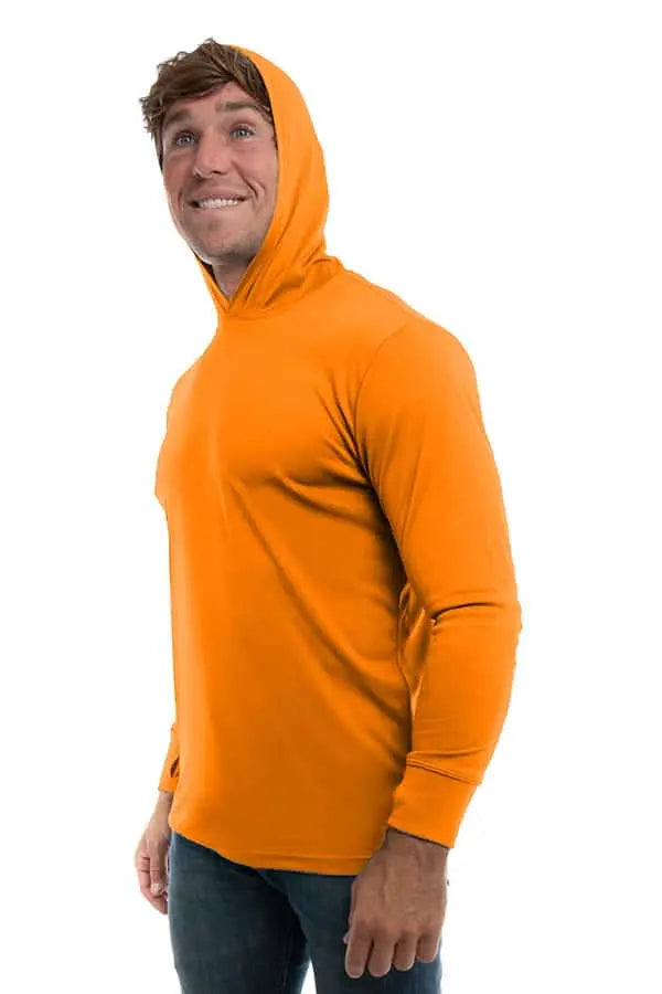 SpectraUSA UPF 50 performance long sleeve hoody in orange, model wearing the lightweight, sun-protective active wear.