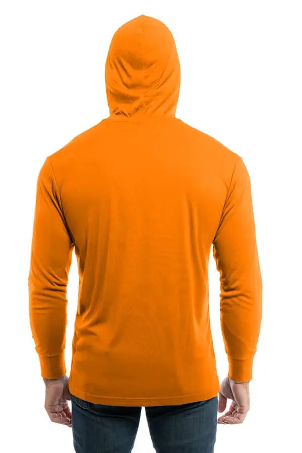 SpectraUSA UPF 50 performance long sleeve hoody in orange, shown from the back, designed for sun protection and active wear.