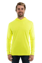SpectraUSA UPF 50 performance long sleeve hoody in safety yellow, moisture-wicking fabric, front view with hood and long sleeves.