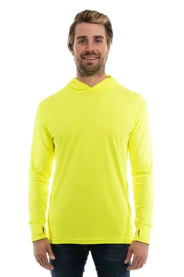 SpectraUSA UPF 50 performance long sleeve hoody in safety yellow, moisture-wicking fabric, front view with hood and long sleeves.