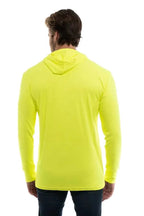 SpectraUSA UPF 50 performance long sleeve hoody in safety yellow, with a back view showing the hood and breathable fabric.