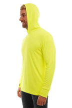 SpectraUSA UPF 50 Performance long sleeve hoody in safety yellow, shown from the side view with sleeve details.