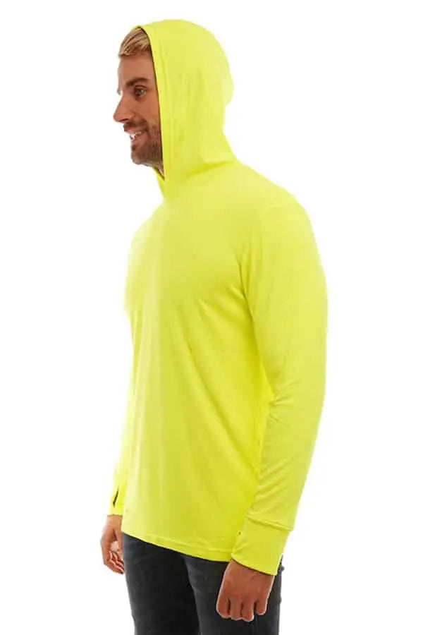 SpectraUSA UPF 50 Performance long sleeve hoody in safety yellow, shown from the side view with sleeve details.