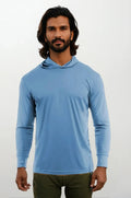 Light blue SpectraUSA UPF 50 performance long sleeve hoody with front view, athletic fit, and breathable fabric.