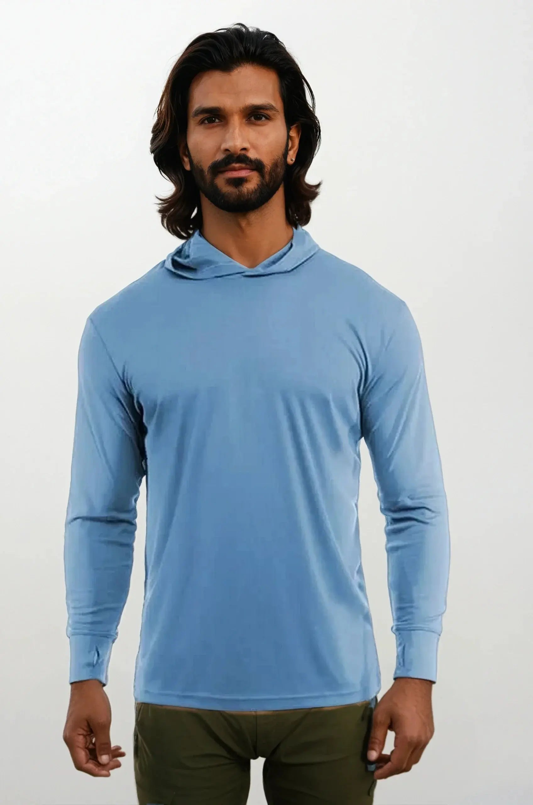 Light blue SpectraUSA UPF 50 performance long sleeve hoody with front view, athletic fit, and breathable fabric.