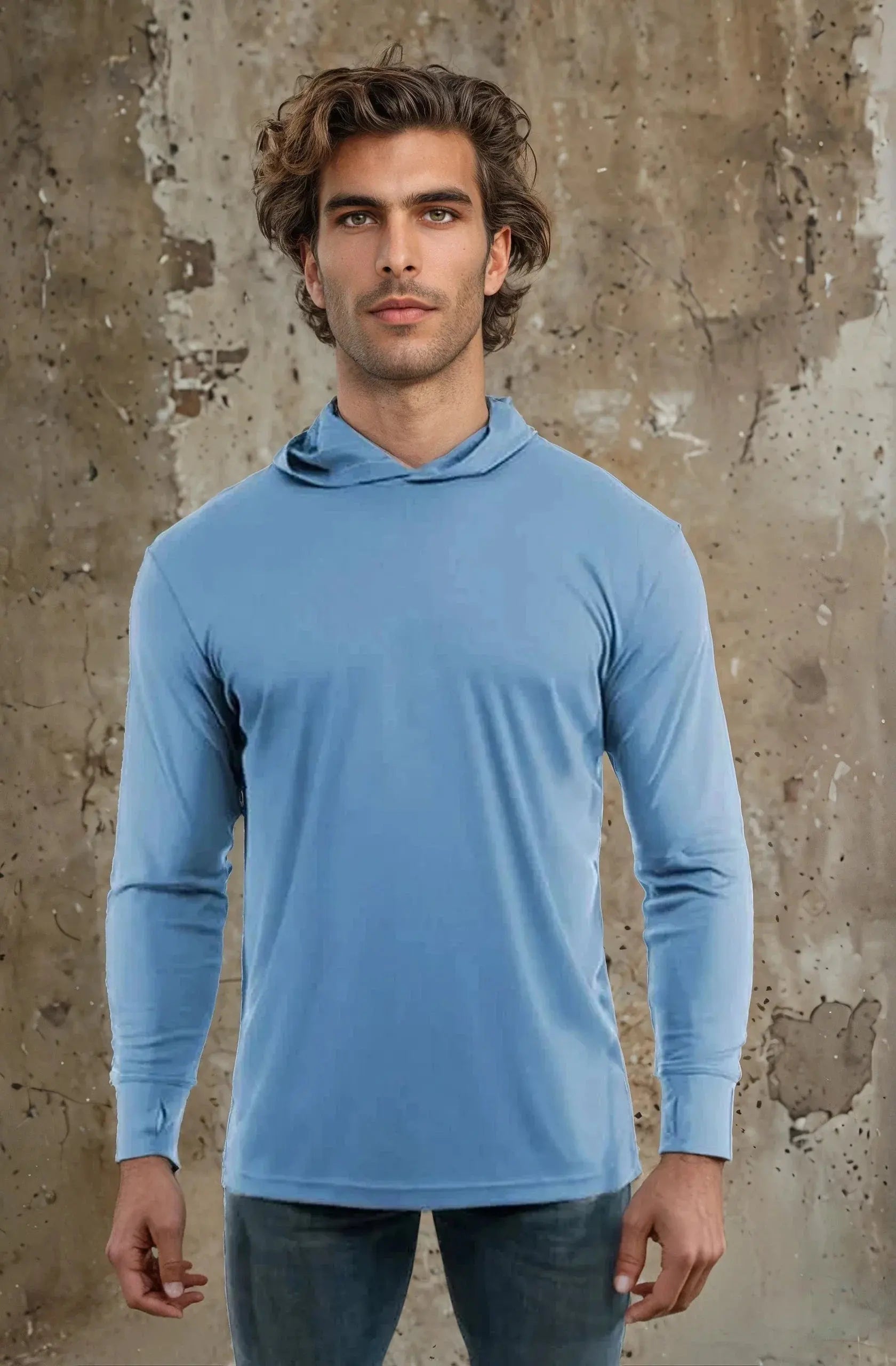 Light blue SpectraUSA UPF 50 performance long sleeve hoody with front view, designed for sun protection and active wear.