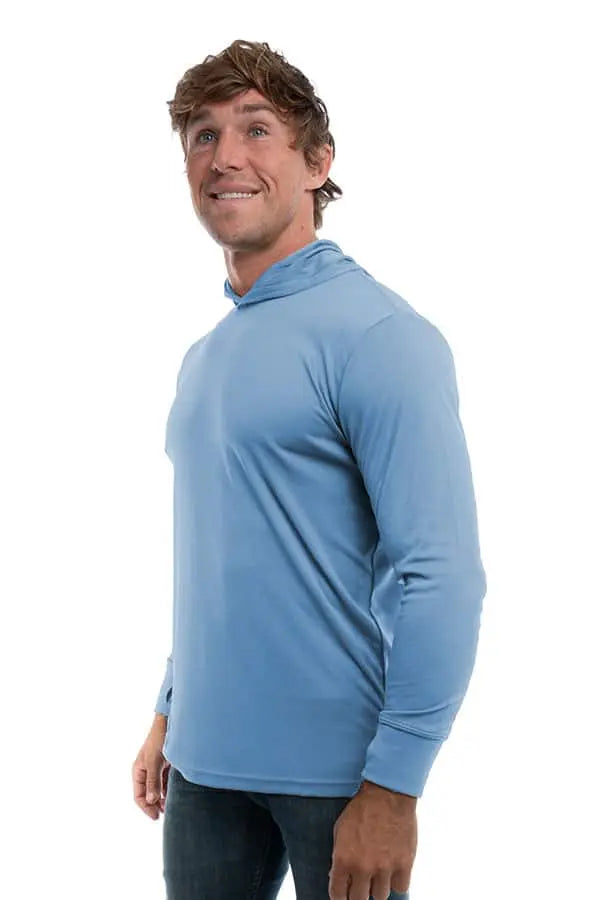 Light blue SpectraUSA UPF 50 performance long sleeve hoody shown from the side, highlighting its fitted design and fabric texture.