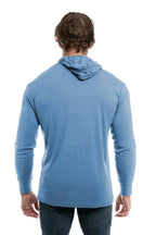 Light blue SpectraUSA UPF 50 performance long sleeve hoodie with a back view, designed for sun protection and active wear.