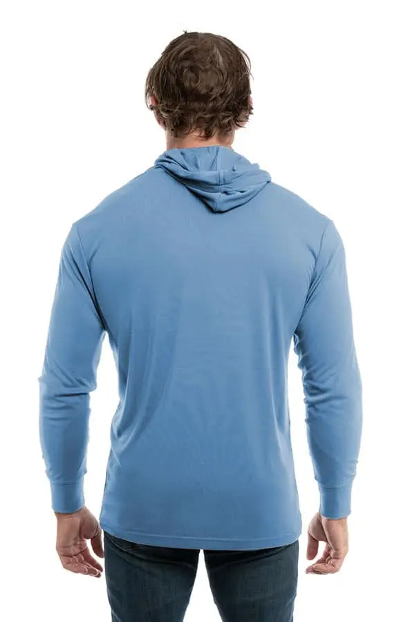 Light blue SpectraUSA UPF 50 performance long sleeve hoodie with a back view, designed for sun protection and active wear.