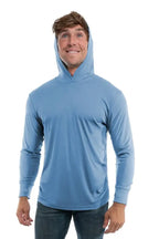 Light blue SpectraUSA UPF 50 performance long sleeve hoody front view, designed for sun protection and active wear.