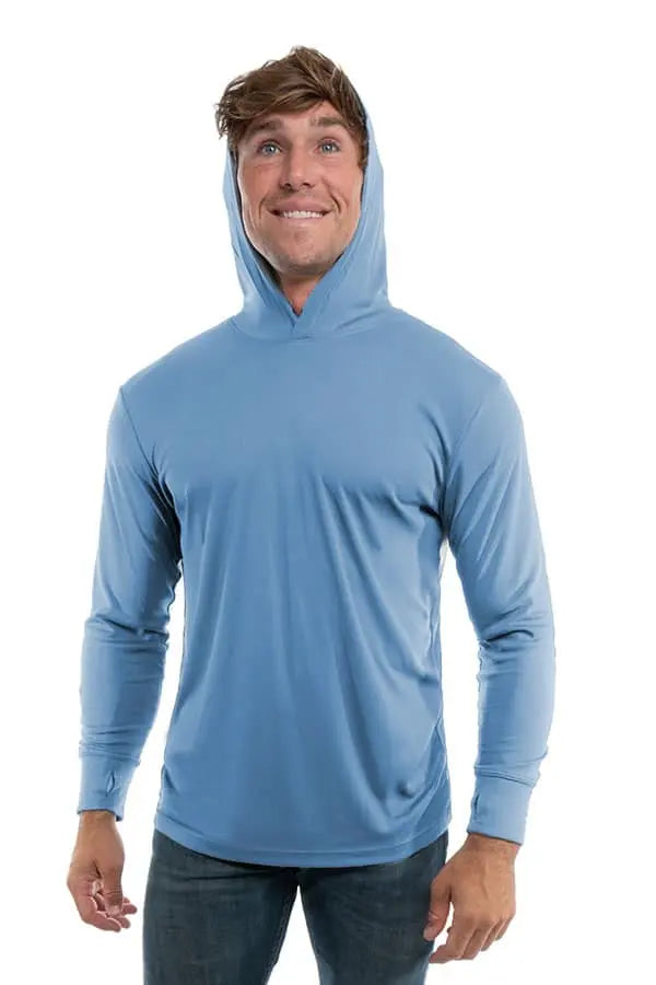 Light blue SpectraUSA UPF 50 performance long sleeve hoody front view, designed for sun protection and active wear.