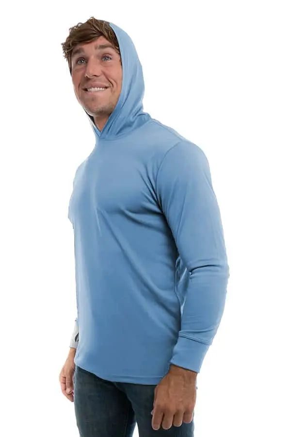 Blue SpectraUSA UPF 50 performance long sleeve hoody, side view showing breathable fabric and athletic fit.