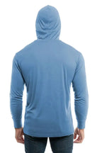 Light blue SpectraUSA UPF 50 performance long sleeve hoodie shown from the back, designed for sun protection and active wear.