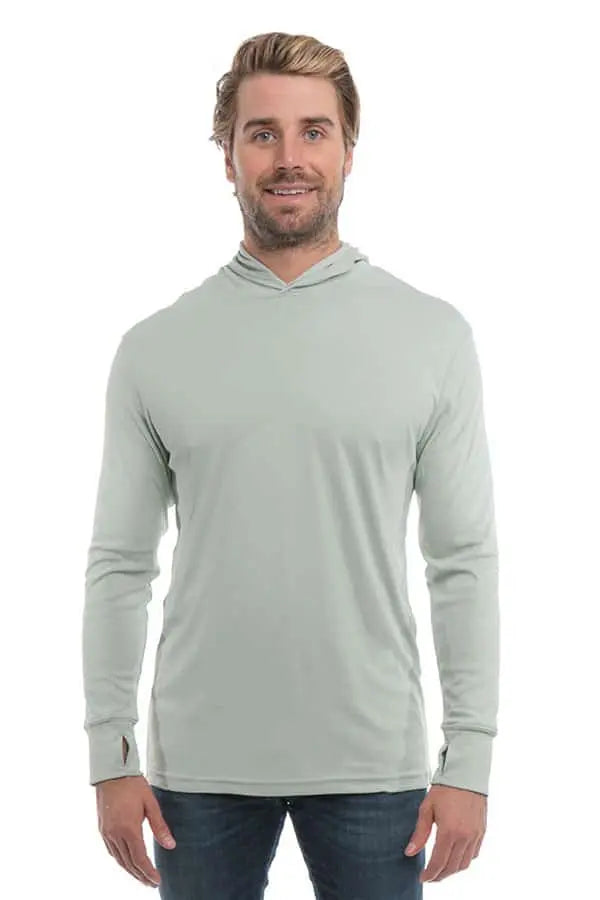 SpectraUSA UPF 50 Performance long sleeve hoody in sage color, front view showing lightweight, athletic design for sun protection.