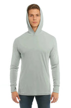 SpectraUSA UPF 50 performance long sleeve hoody in sage color, front view showcasing lightweight, sun-protective athletic apparel.