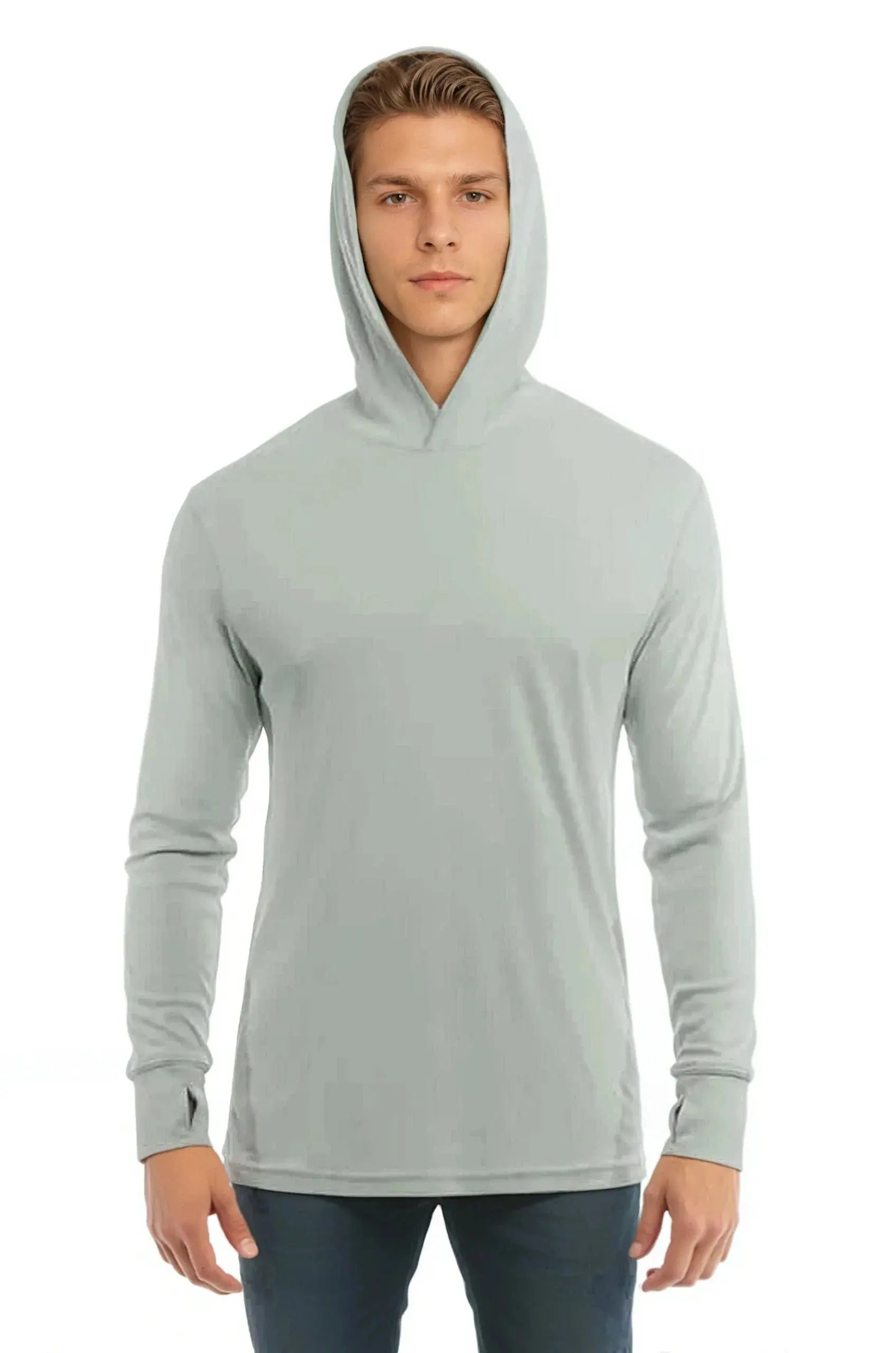 SpectraUSA UPF 50 performance long sleeve hoody in sage color, front view showcasing lightweight, sun-protective athletic apparel.