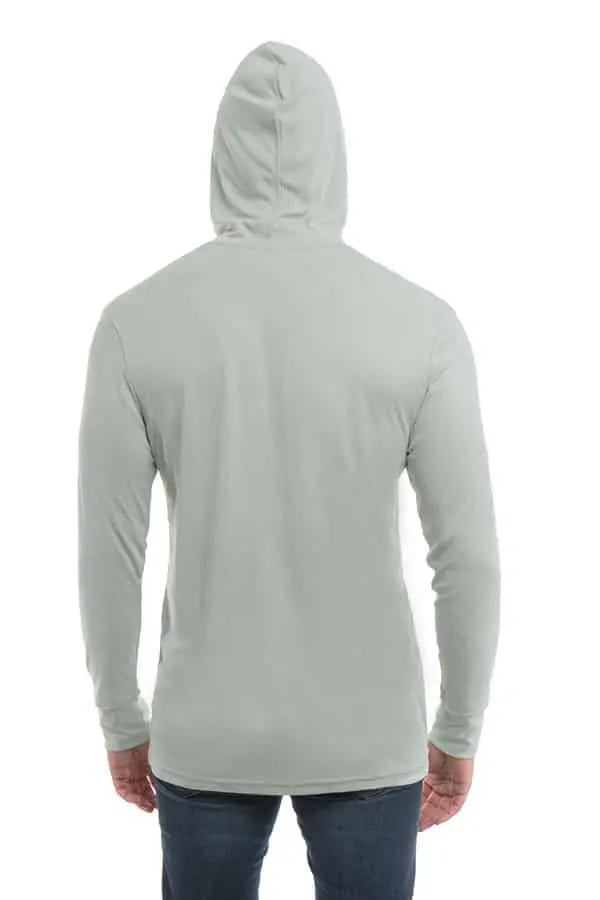 SpectraUSA UPF 50 Performance long sleeve hoody in sage color, back view showcasing comfortable fit and UV protection fabric.