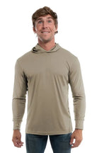 SpectraUSA UPF 50 performance long sleeve hoody in warm grey, front view showcasing lightweight, sun-protective athletic apparel.