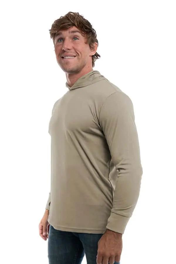 SpectraUSA UPF 50 Performance long sleeve hoody in warm grey, shown from the side with a relaxed fit and breathable fabric.