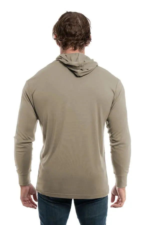 SpectraUSA UPF 50 performance long sleeve hoody in warm grey, shown from the back with a relaxed fit and comfortable fabric.