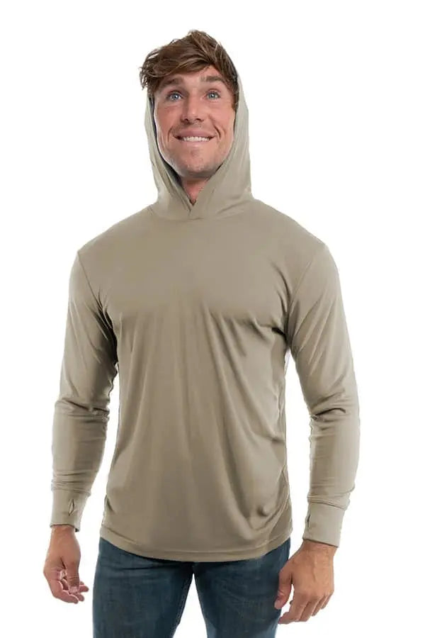 SpectraUSA UPF 50 performance long sleeve hoody in Warm Grey, front view showing lightweight, breathable fabric and sleek design.