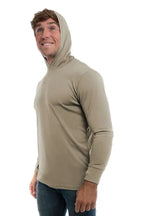 Warm grey long sleeve UPF 50 performance hoody by SpectraUSA, shown from the side view with a comfortable fit.