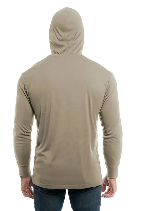 SpectraUSA UPF 50 performance long sleeve hoody in warm grey, shown from the back with a fitted design and soft fabric.