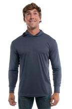 Steel grey SpectraUSA UPF 50 performance long sleeve hoody with front view, lightweight and breathable for sun protection.
