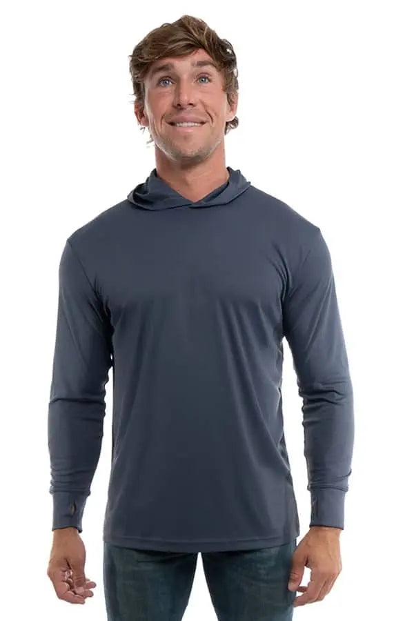 Steel grey SpectraUSA UPF 50 performance long sleeve hoody with front view, lightweight and breathable for sun protection.