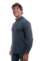 Steel grey SpectraUSA UPF 50 performance long sleeve hoody shown from the side, highlighting its sleek design and fabric.
