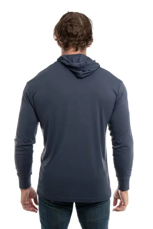 SpectraUSA UPF 50 performance long sleeve hoody in steel grey, back view showing lightweight fabric and athletic fit.