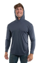 SpectraUSA UPF 50 Performance long sleeve hoody in steel grey, front view showcasing lightweight, sun-protective athletic apparel.