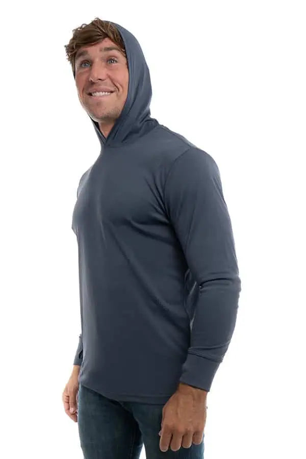 Steel grey SpectraUSA UPF 50 performance long sleeve hoody shown from the side, designed for sun protection and active wear.