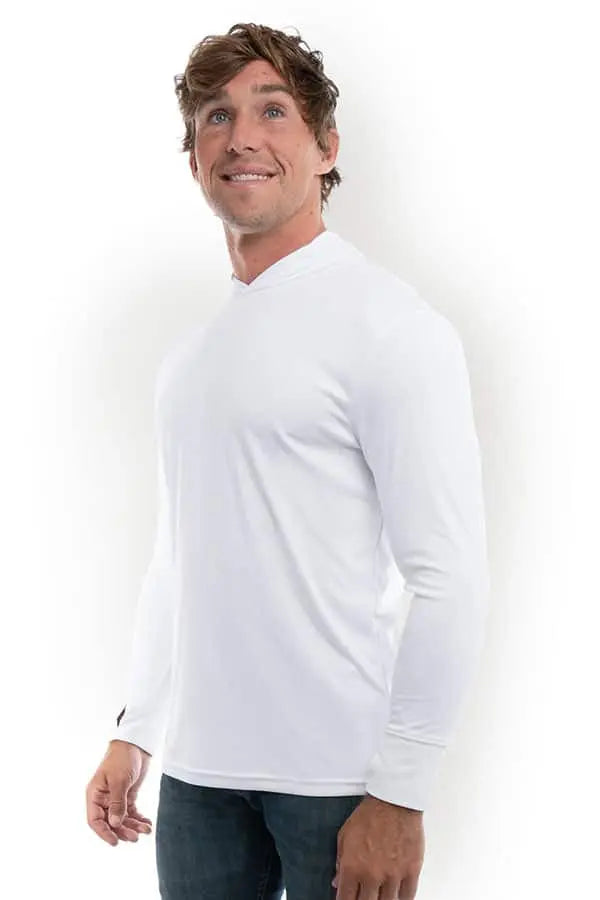 White SpectraUSA UPF 50 performance long sleeve hoody shown from the side, highlighting its sleek design and lightweight fabric.