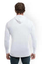 White SpectraUSA UPF 50 Performance long sleeve hoody shown from the back, highlighting its lightweight fabric and comfortable fit.
