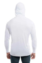 White SpectraUSA UPF 50 performance long sleeve hoodie with back view, lightweight and sun protection for outdoor activities.