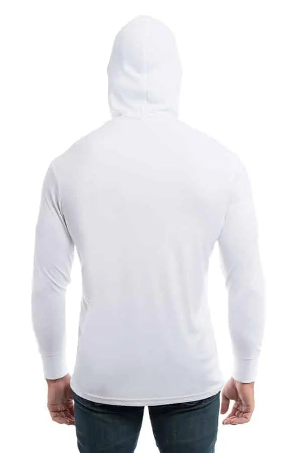 White SpectraUSA UPF 50 performance long sleeve hoodie with back view, lightweight and sun protection for outdoor activities.