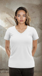 SpectraUSA Wonder V-Neck 8650 women's V-neck shirt, soft fabric, fitted style, shown in a neutral color.